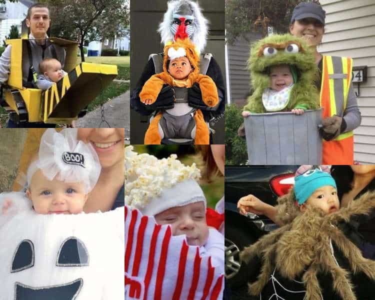 baby carrier costume collage, spider, ghost, popcorn and more