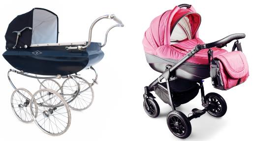 An old style pram and a new style stroller with a bassinet carriage fitted!