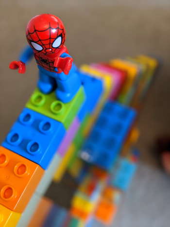 LEGO stairway with spiderman on top