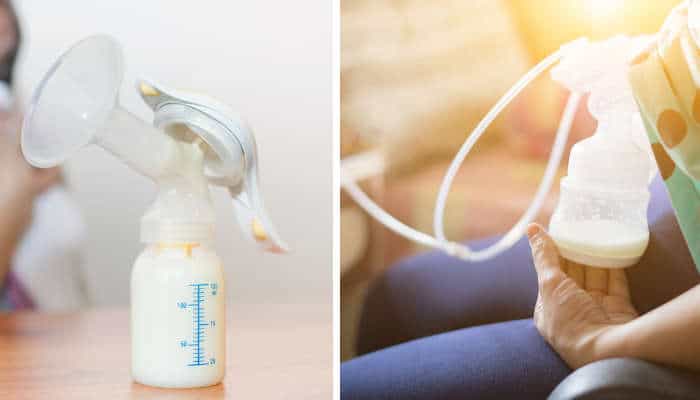 A manual and electric breast pump collage photo