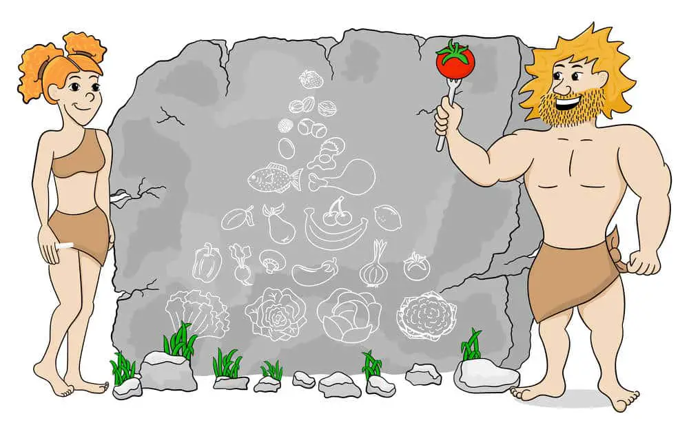 Paleo diet foods as cave paintings with caveman and woman