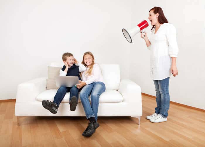 Mom screaming at kids using megaphone